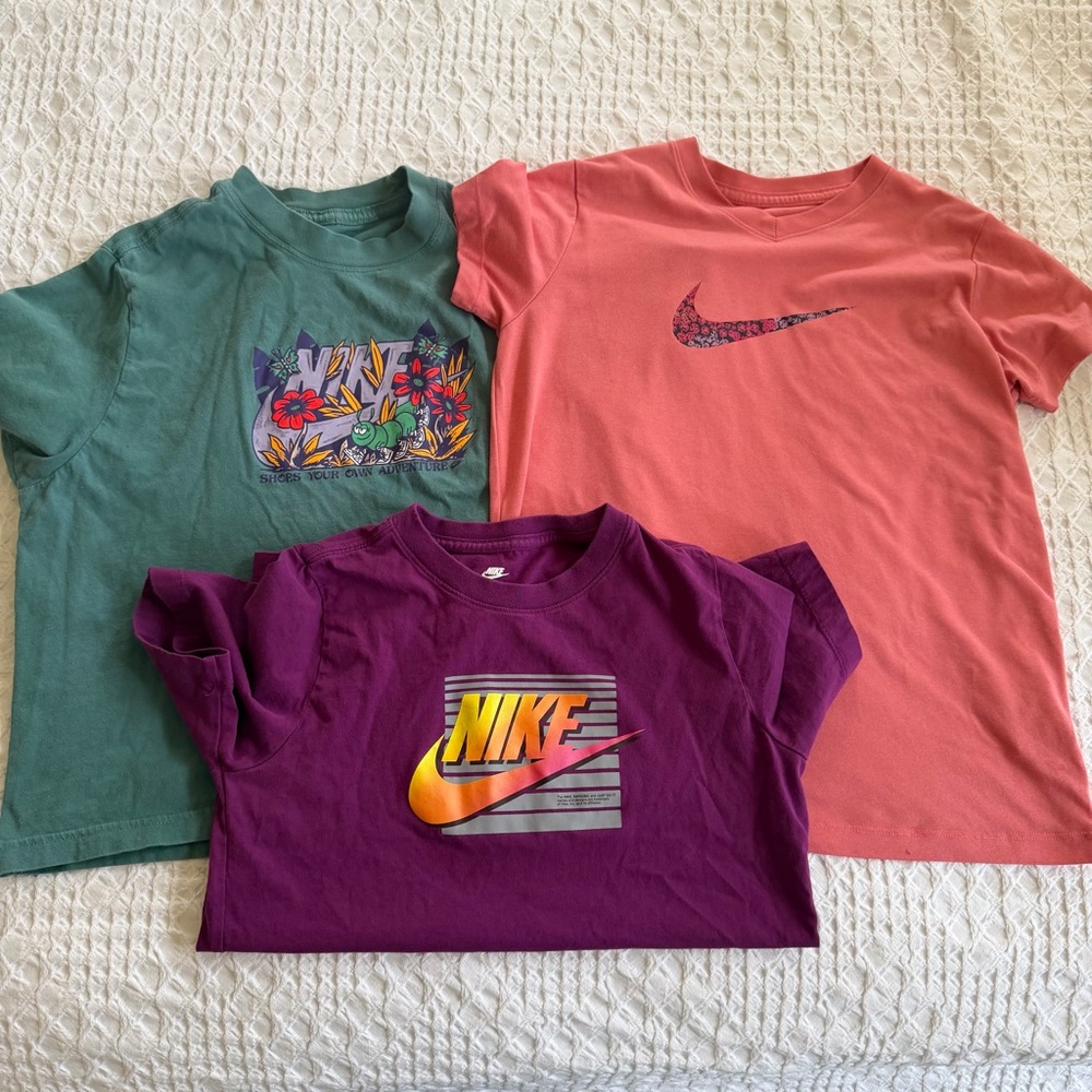 Nike Girl Graphic T-Shirts - Green, Coral, and Purple